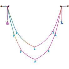14G 5/8 Blue Gem Rainbow Moon Star Double Dangle Nipple Chain