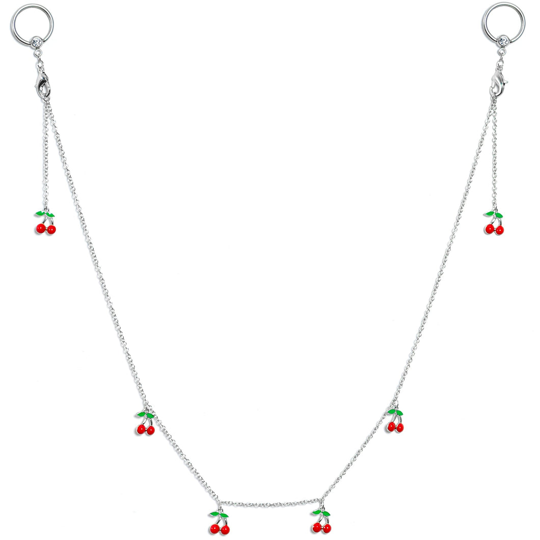 14G 9/16 Clear Gem Red Cherry Captive Ring Dangle Nipple Chain