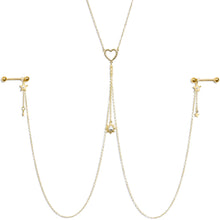 14G 5/8 Clear Gem Gold Tone Sun Heart Star Nipple Chain Necklace