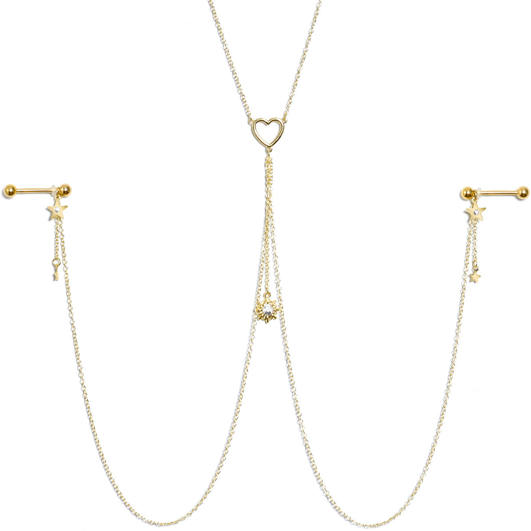 14G 5/8 Clear Gem Gold Tone Sun Heart Star Nipple Chain Necklace