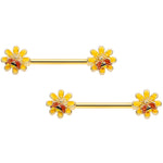 14G 9/16 Yellow Red Gold Tone Bee Flower Barbell Nipple Ring Set