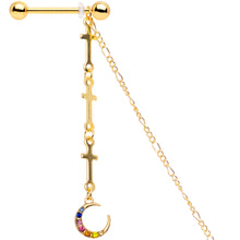 14G 9/16 Blue Pink Gem Gold Tone Moon Cross Dangle Nipple Chain