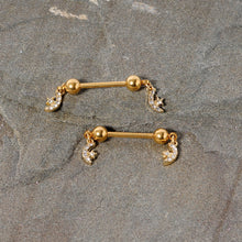 14G 9/16 Clear Gem Gold Tone Moon Dangle Barbell Nipple Ring Set