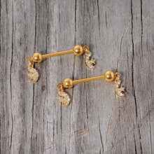 14G 9/16 Clear Gem Gold Tone Moon Dangle Barbell Nipple Ring Set