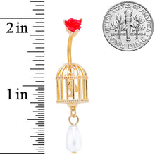 Red Flower Gold Tone Birdcage Dangle Belly Ring