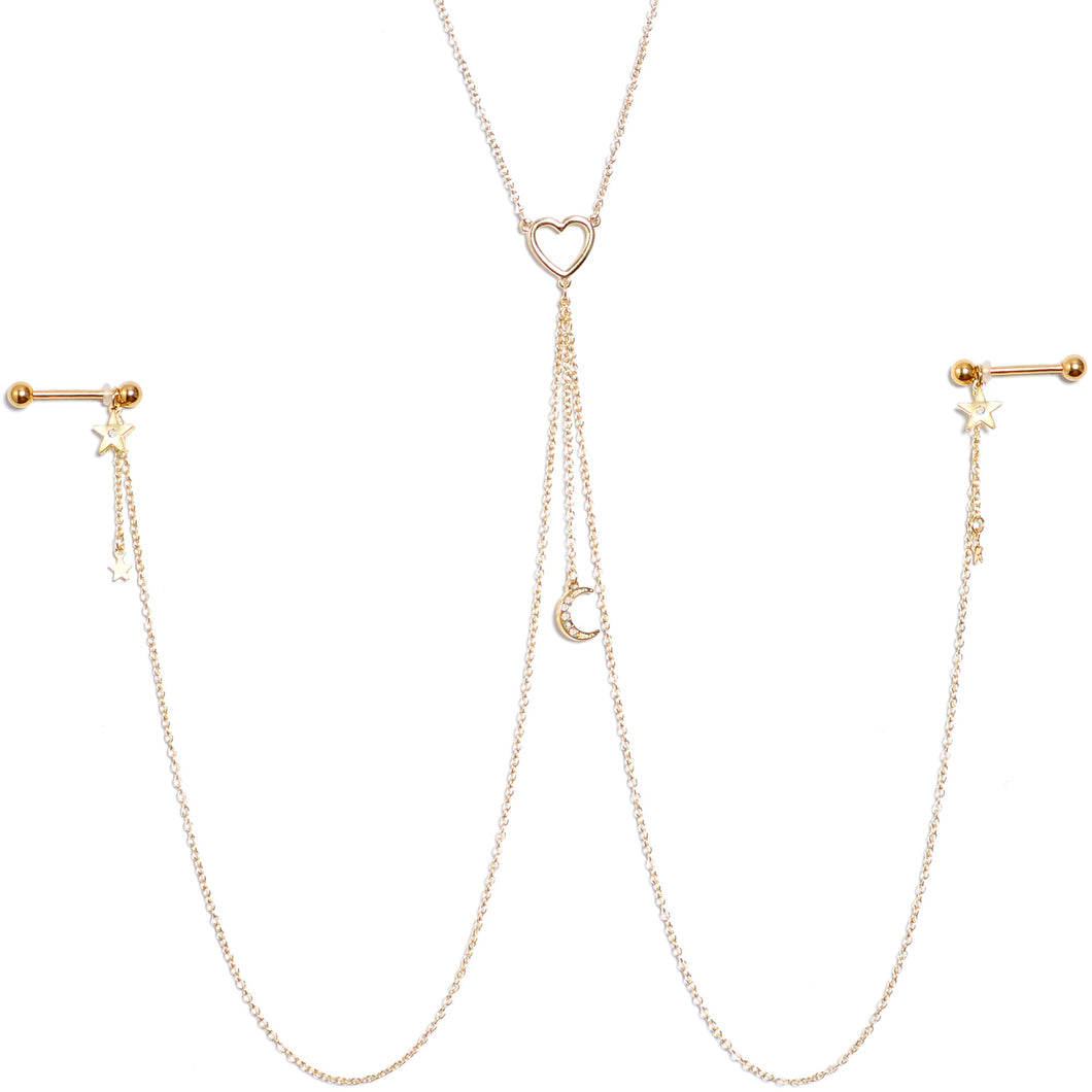 14G 5/8 Aurora Gem Gold Tone Heart Star Nipple Chain Necklace
