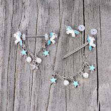 14G 5/8 Blue White Unicorn Star Chain Dangle Nipple Ring Set