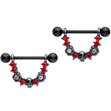 14G 5/8 Red Clear Gem Black Skull Rose Dangle Nipple Ring Set