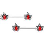 14G 5/8 Red Gem Holly Leaf Holiday Barbell Nipple Ring Set