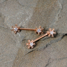 14G 5/8 Clear Gem Rose Gold Hue Snowflake Barbell Nipple Ring Set