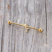 14G Blue Gem Gold Tone Leaping Cat Industrial Barbell 38mm