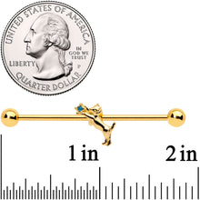 14G Blue Gem Gold Tone Leaping Cat Industrial Barbell 38mm