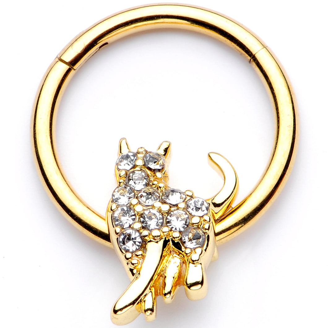 16G 3/8 Clear Gem Gold Tone Glamourpuss Cat Hinged Segment Ring