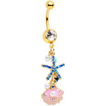 Clear Blue Gem Gold Tone Ocean Treasure Nautical Dangle Belly Ring
