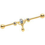 14G Clear Gem Gold Tone Drop Dangle Industrial Barbell 38mm