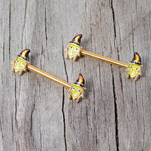 14G 9/16 Gold Tone Witch Halloween Barbell Nipple Ring Set