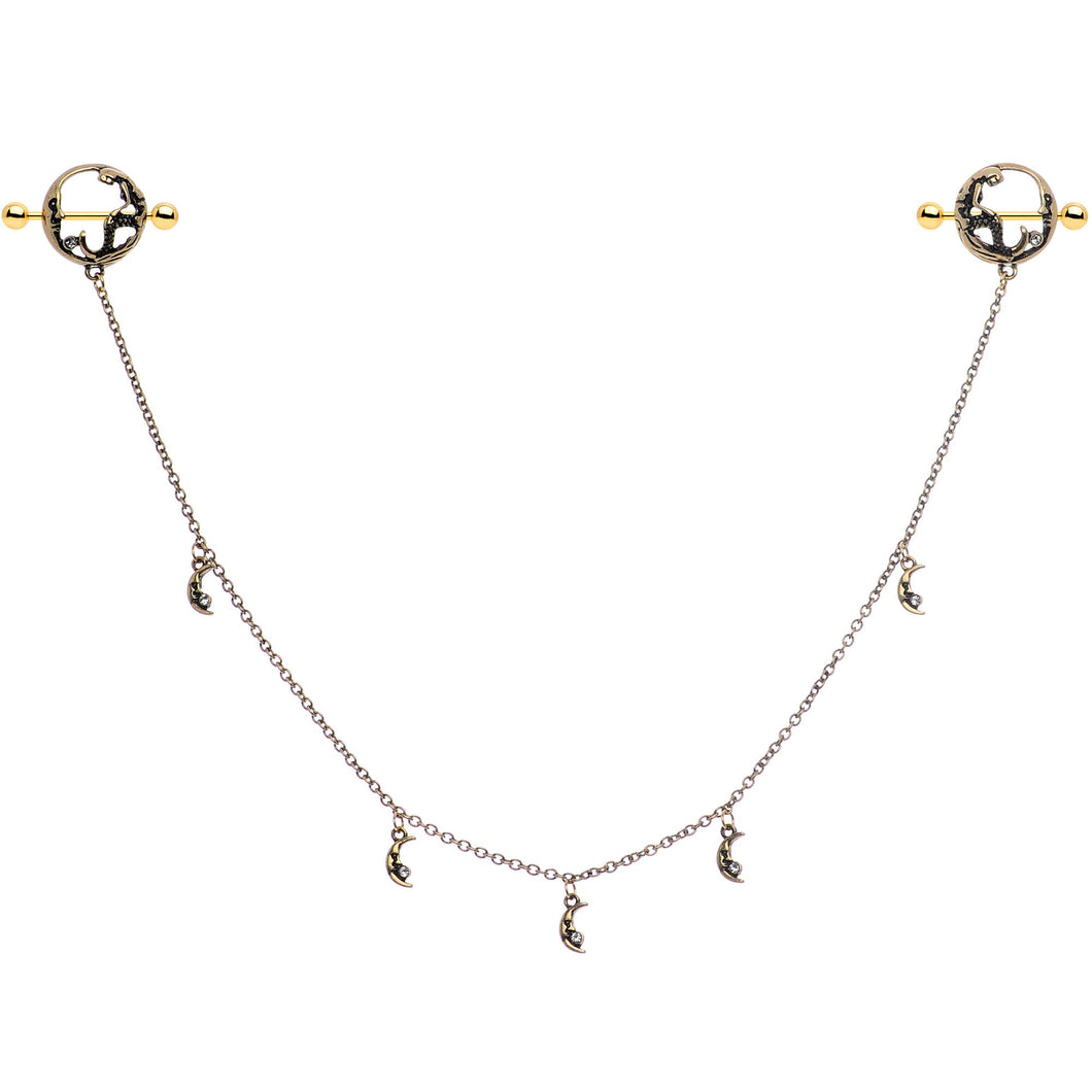 14G Clear Gem Gold Tone Moon Mermaid Nipple Shield Dangle Chain