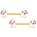 14G 9/16 Blue Gem Gold Tone Kitty Cat Barbell Nipple Ring Set