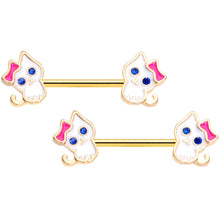 14G 9/16 Blue Gem Gold Tone Kitty Cat Barbell Nipple Ring Set