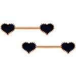 14G 9/16 Rose Gold Tone Black Heart Barbell Nipple Ring Set