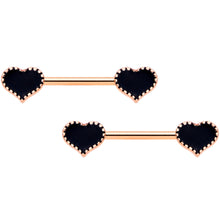 14G 9/16 Rose Gold Tone Black Heart Barbell Nipple Ring Set