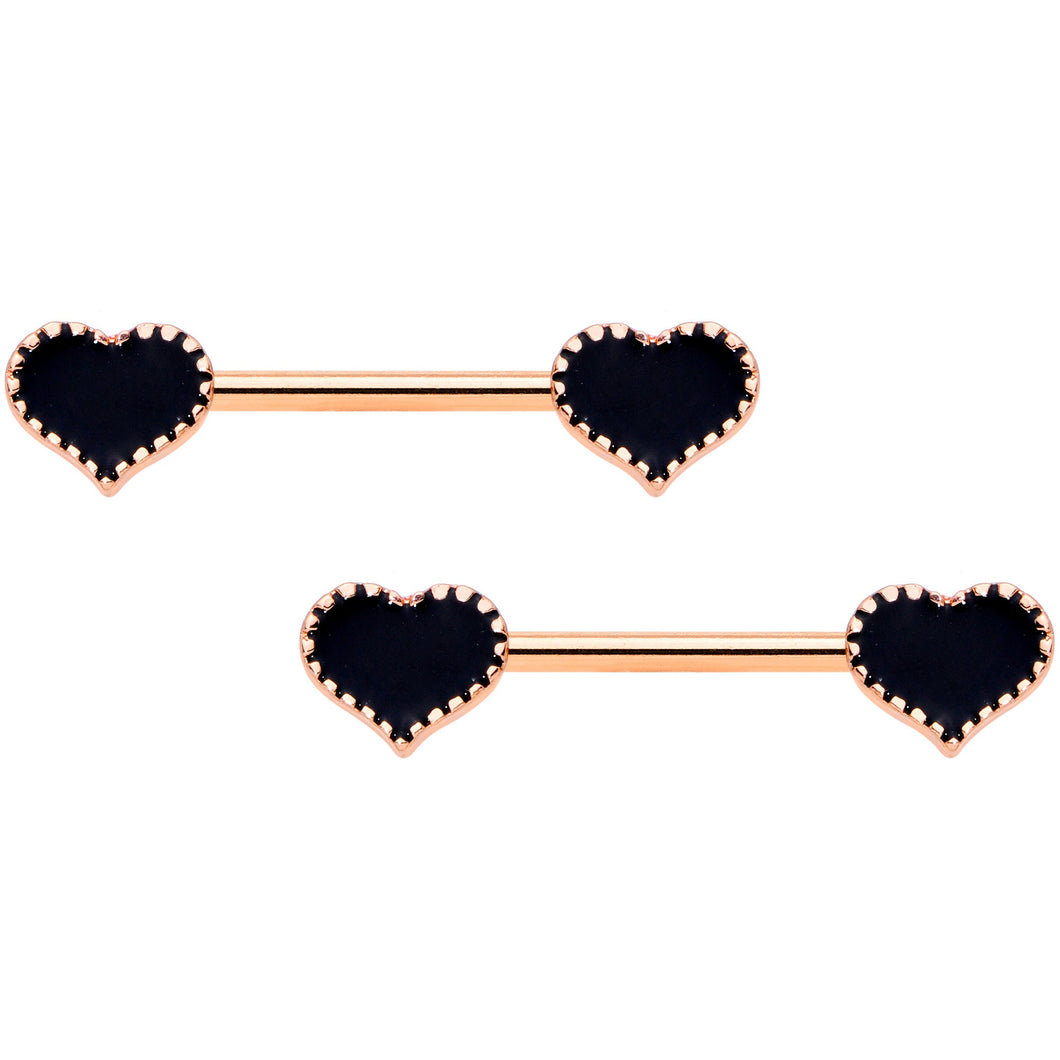 14G 9/16 Rose Gold Tone Black Heart Barbell Nipple Ring Set