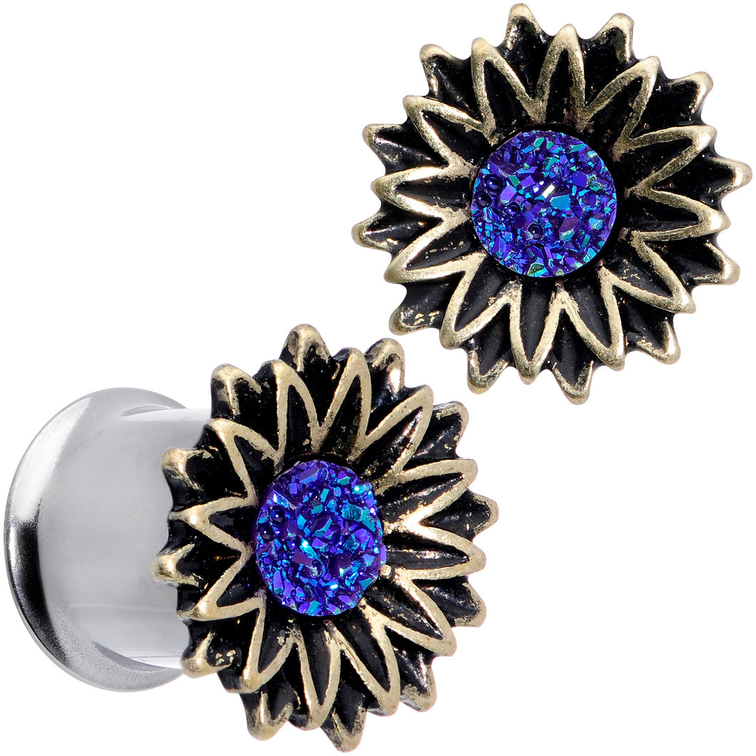 Blue Faux Druzy Sunburst Flower Double Flare Plug Set 2G to 1