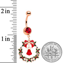 Red Gem Rose Gold Tone Holiday Wreath Christmas Dangle Belly Ring