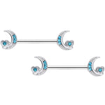 14G 9/16 Blue CZ Gem Crescent Moon Heart Barbell Nipple Ring Set