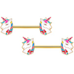 14G 9/16 Gold Tone Rainbow Unicorn Barbell Nipple Ring Set