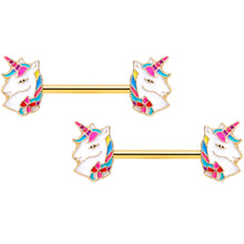 14G 9/16 Gold Tone Rainbow Unicorn Barbell Nipple Ring Set