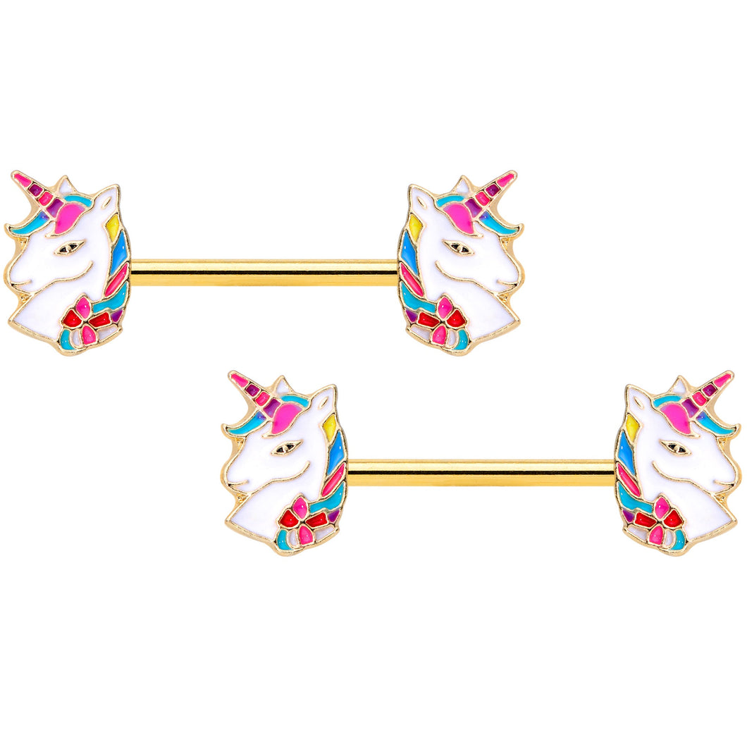 14G 9/16 Gold Tone Rainbow Unicorn Barbell Nipple Ring Set