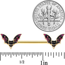 14G 9/16 Pink Gem Gold Tone Bat Halloween Barbell Nipple Ring Set