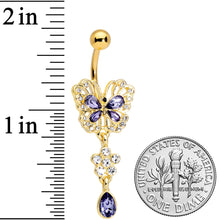 Clear Purple Gem Gold Tone Lacy Butterfly Flower Drop Dangle Belly Ring