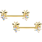 14G 5/8 Aurora CZ Gem Gold Tone Butterfly Barbell Nipple Set