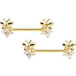 14G 5/8 Clear CZ Gem Gold Tone Butterfly Barbell Nipple Set