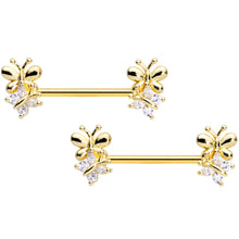 14G 5/8 Clear CZ Gem Gold Tone Butterfly Barbell Nipple Set