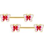 14G 9/16 Gold Tone White Red Butterfly Barbell Nipple Set