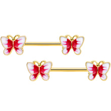 14G 9/16 Gold Tone White Red Butterfly Barbell Nipple Set