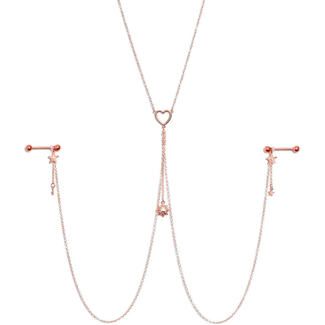 14G 5/8 Aurora Gem Rose Gold Hue Star Sun Nipple Chain Necklace