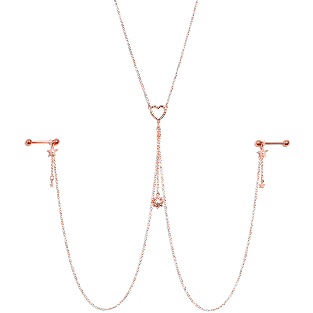 14G 5/8 Clear Gem Rose Gold Hue Star Sun Nipple Chain Necklace