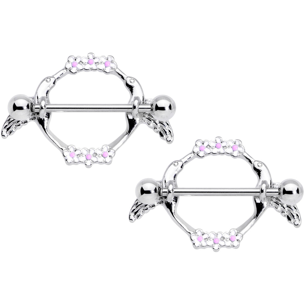 14G 9/16 Pink White Flower Hummingbird Nipple Shield Set