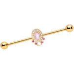 14G Pink Gem White Faux Opal Gold Tone Industrial Barbell 38mm