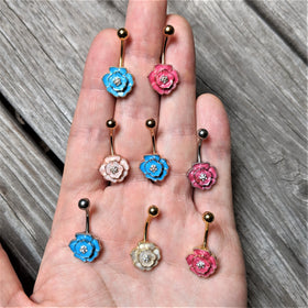 Clear Gem Rose Gold Tone White Rose Reversible Belly Ring