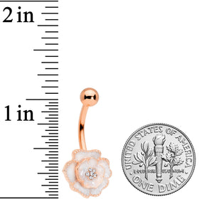 Clear Gem Rose Gold Tone White Rose Reversible Belly Ring