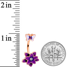 Clear Gem Rose Gold Purple Flower Butterfly Double Mount Belly Ring