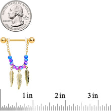 14G 1/2 Gold Tone Blue Purple Bead Feather Dangle Nipple Ring Set