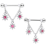 14G 1/2 Pink Gem Trio Stars Chain Dangle Nipple Ring Set