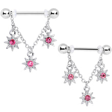 14G 1/2 Pink Gem Trio Stars Chain Dangle Nipple Ring Set