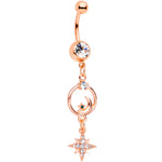 Clear Gem Rose Gold Tone Starry Moon Dangle Belly Ring